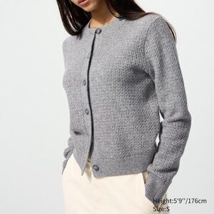 UNIQLO Women's Sweater Wool Blend Crew Neck Cardigan Light Grey